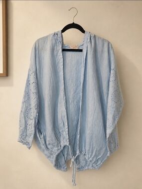 Sunny Studio Paris Linen Hooded Open Front Jacket Blue Eyelet Sleeve Boho